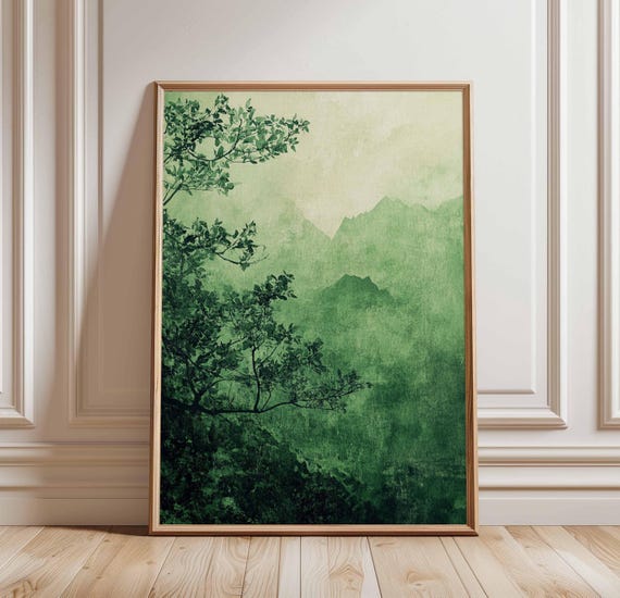 Green Mountain Landscape Poster Tranquil Nature Art Misty Mountains And Trees Abstract Print Peaceful Wall Decor