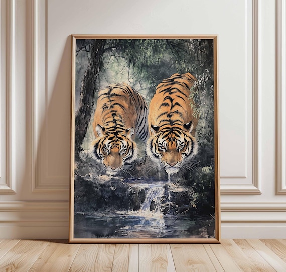 Tiger Poster Realistic Wildlife Art Of Two Tigers In The Forest Jungle Animal Wall Decor Natureinspired Print