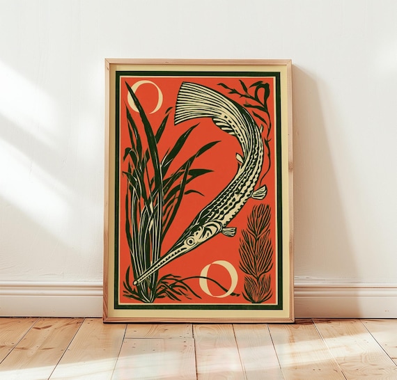 Longnose Gar Fish Coral Red Woodblock Style Vintage Fish Poster
