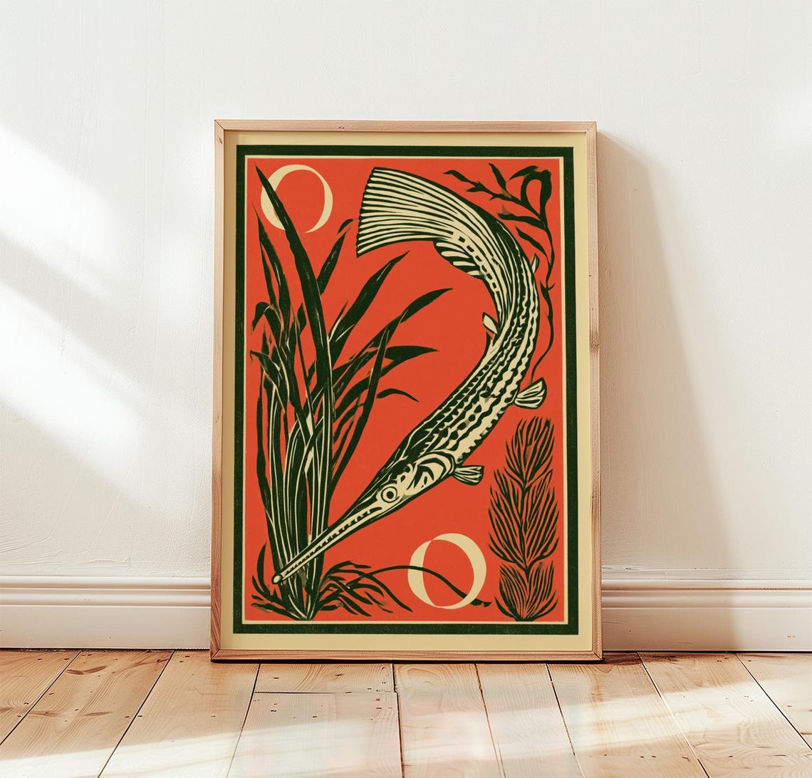 Longnose Gar Fish Coral Red Woodblock Style Vintage Fish Poster