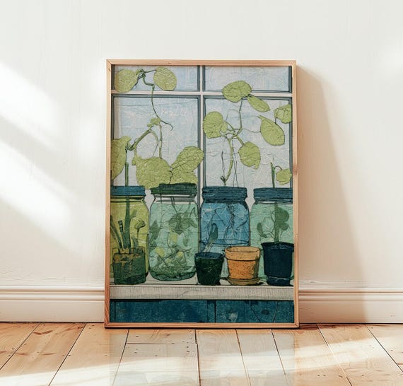 Botanical Window Sill Print Glass Jars And Plant Stems Wall Art