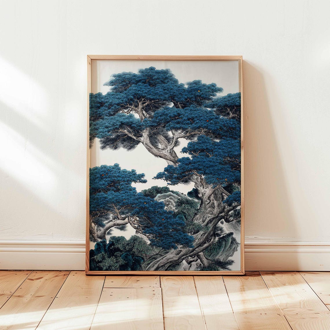 Blue Japanese Pine Tree Traditional Ink Style Botanical Print