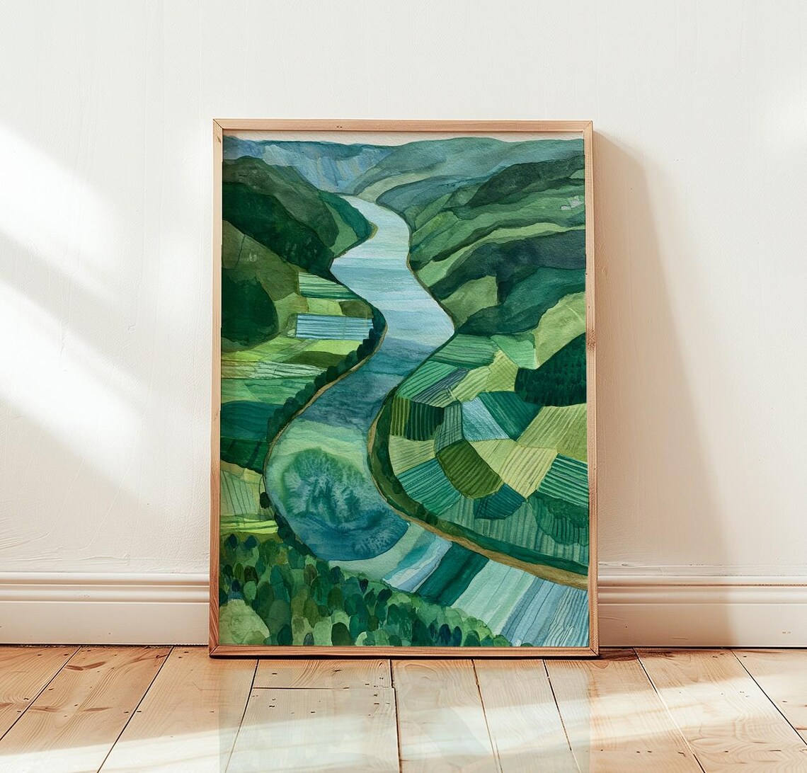 Winding Green River Watercolor Poster Aerial Valley Fields Landscape