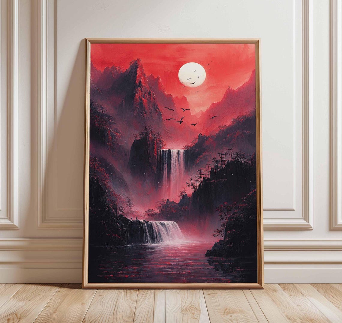 Crimson Red Waterfalls Under A Full Moon Surreal Fantasy Poster