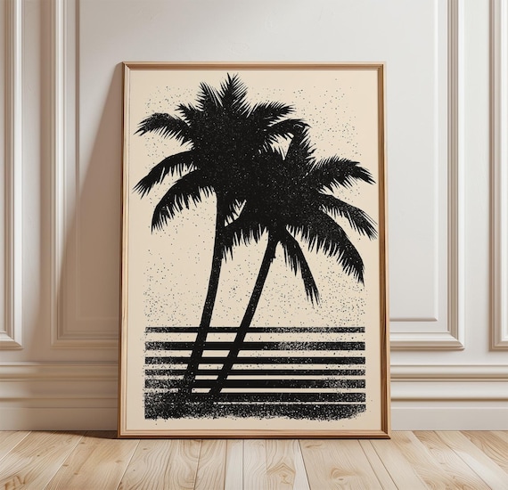 Twin Palm Tree Silhouette Black Retro Sunset Stripes Beach Poster