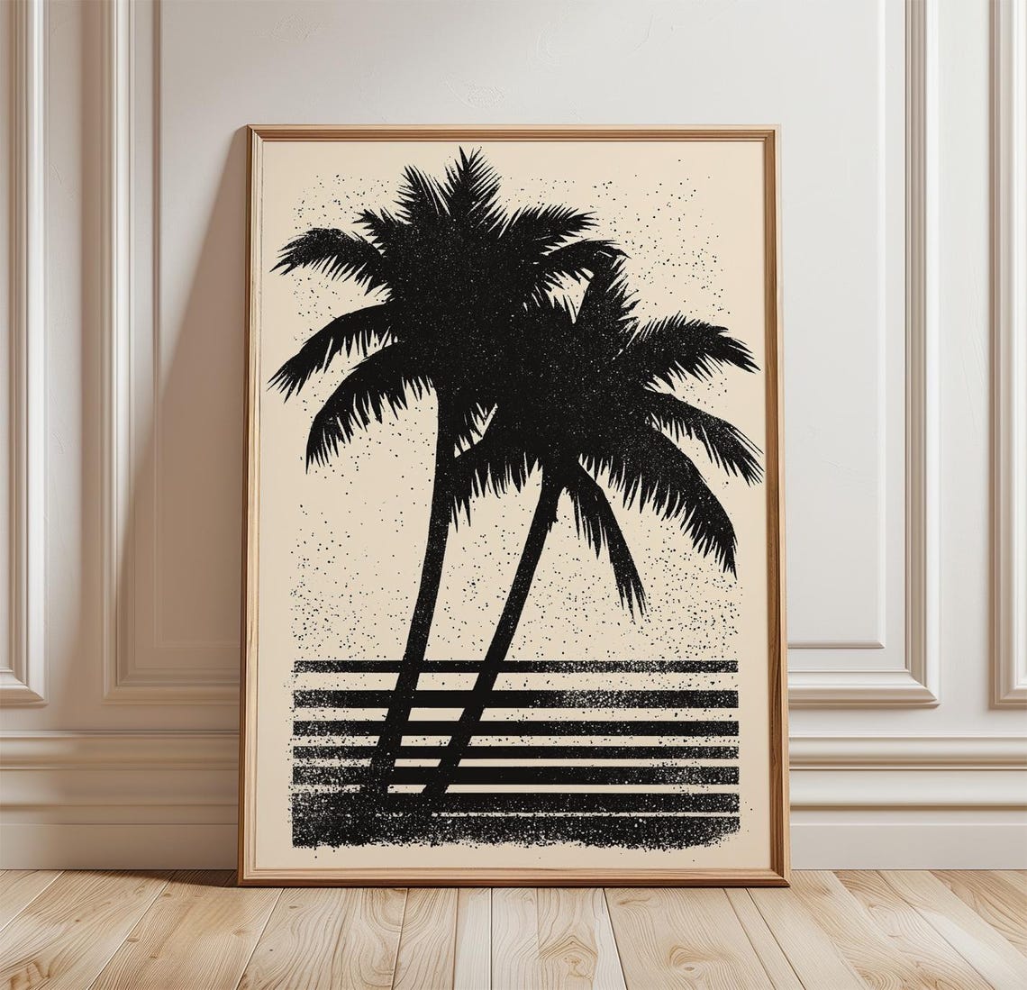 Twin Palm Tree Silhouette Black Retro Sunset Stripes Beach Poster