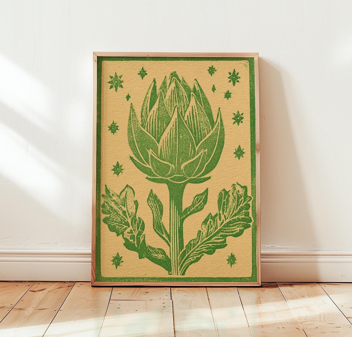 Artichoke Botanical Linocut Vintage Kitchen Art Print
