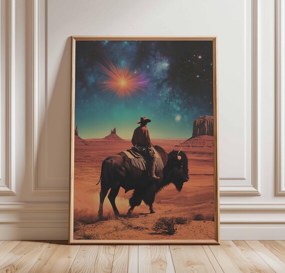 Cowboy Poster Art Western Landscape Print Scifi Wall Desert Artwork Bison Rider Fantasy Decor