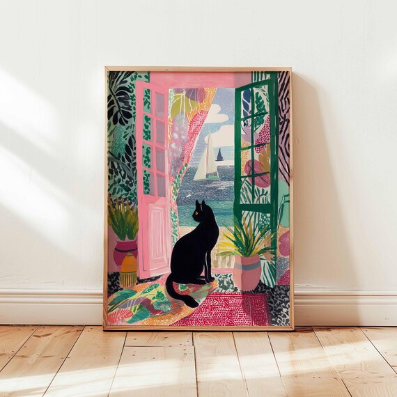 Black Cat Watching Sailboats Coastal Window Colorful Boho Art Poster
