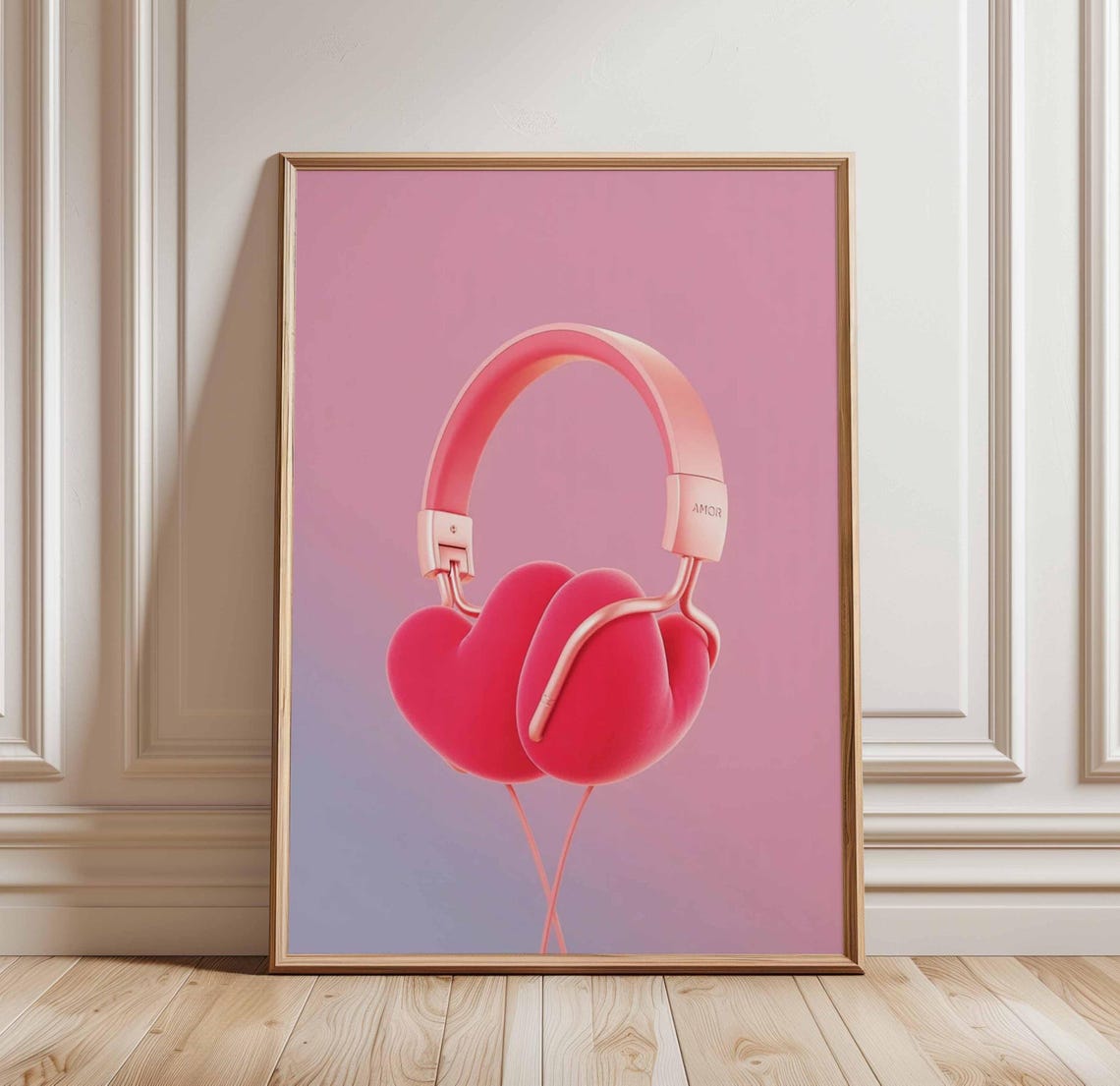 Amor Heart Headphones Poster Pink Music Pop Art Print Girl Room Decor Cute Audio Lover Wall Trendy Teen Design
