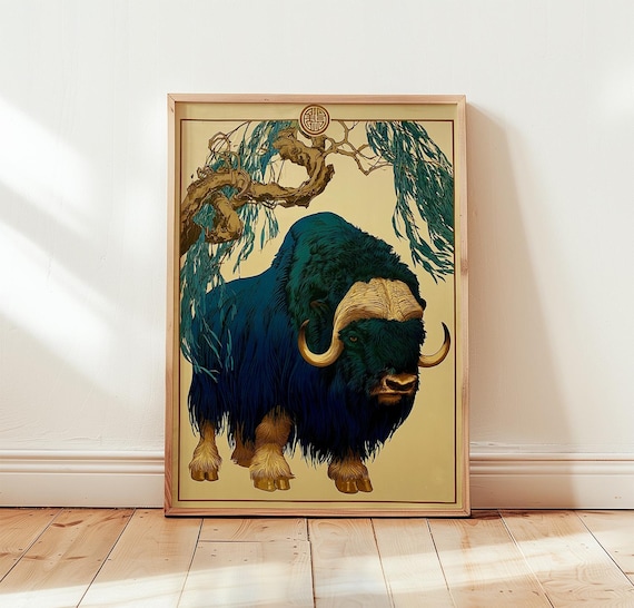 Blue Musk Ox, Gold Wildlife Woodblock Poster
