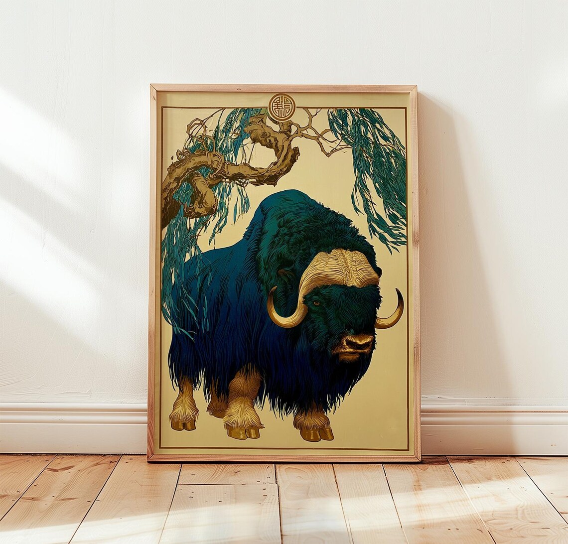 Blue Musk Ox, Gold Wildlife Woodblock Poster