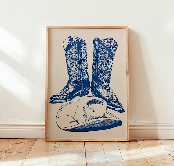 Cowboy Boot Linocut, Western Poster