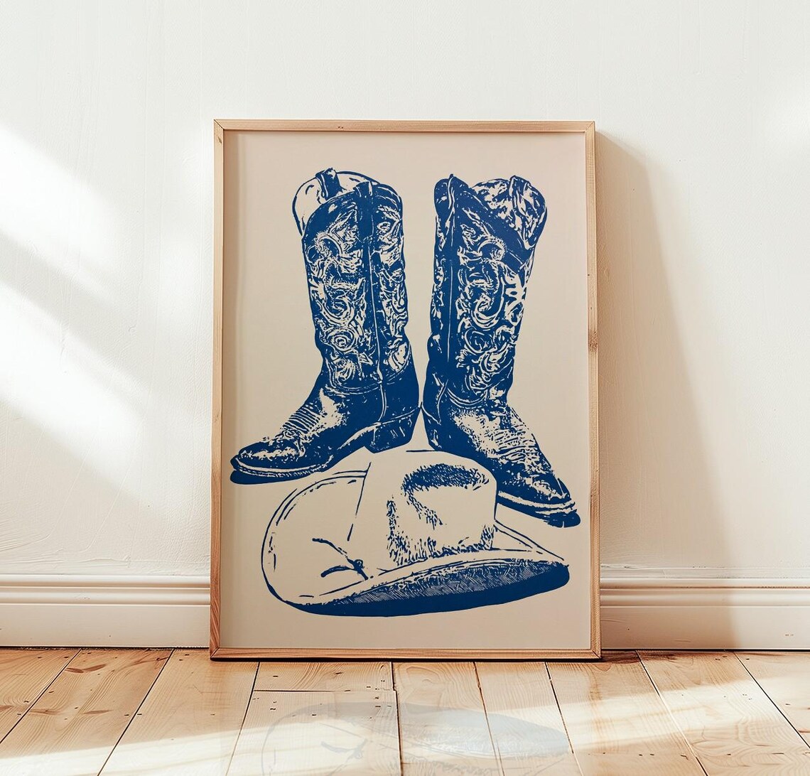 Cowboy Boot Linocut, Western Poster