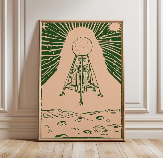 Vintage Rocket Poster, Retro Sci Fi Line Drawing