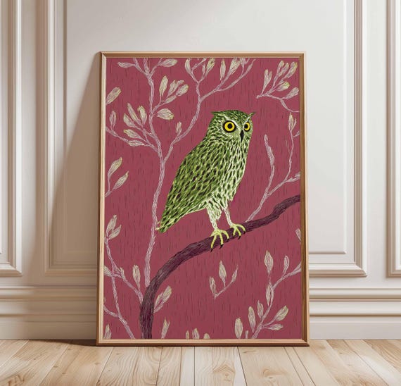 Green Owl Wall Art Red Background Botanical Poster Whimsical Forest Bird Print Nature Inspired Decor Modern Animal Illustration