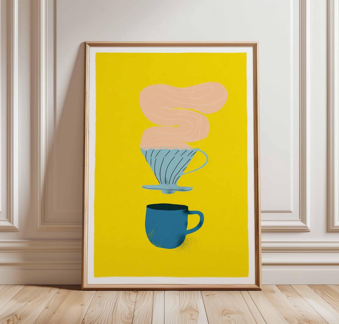 Bold Minimalist Yellow Pour Over Coffee Brew Illustration Poster