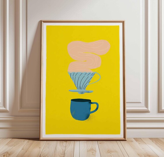 Modern Coffee Pour Over Poster Minimalist Cafe Wall Art Bright Yellow Kitchen Print Bold Contemporary Decor