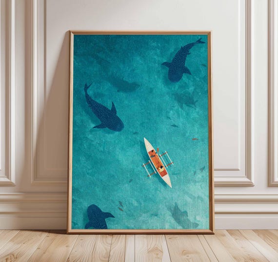 Whale Kayak Adventure Poster, Coastal Sea Illustration