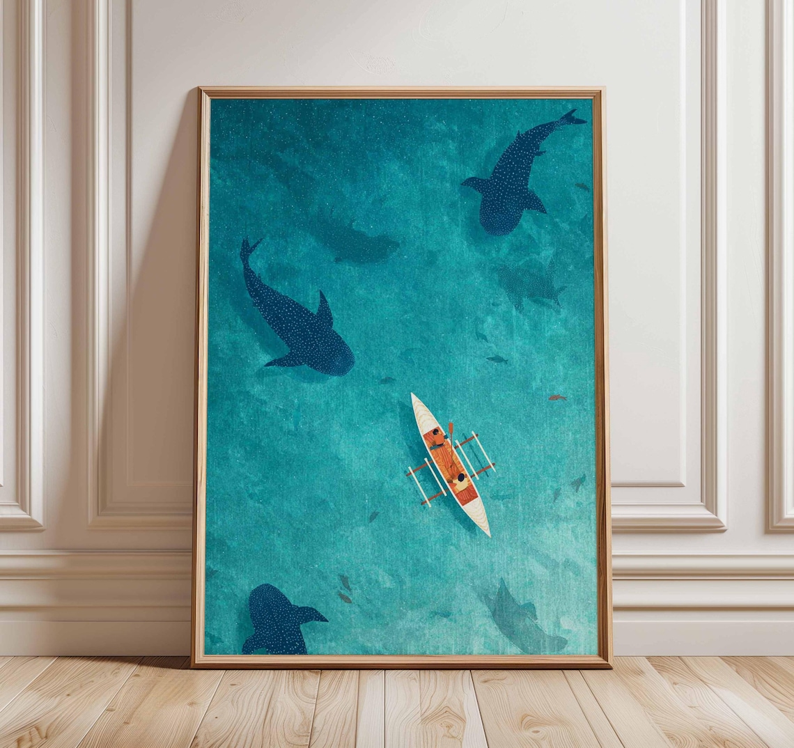 Whale Kayak Adventure Poster, Coastal Sea Illustration