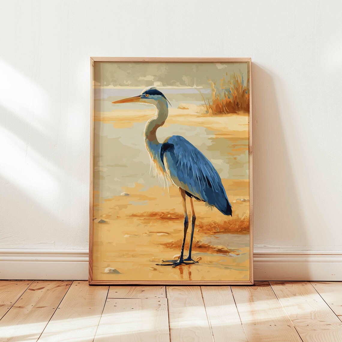 Blue Heron Standing Watercolor Golden Wetland Sunset Bird Poster