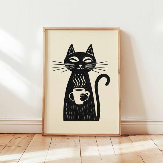 Minimalist Black Cat Coffee Poster Quirky Line Art Wall Print Modern Monochrome Lover Decor Funny Cozy Kitchen Unframed