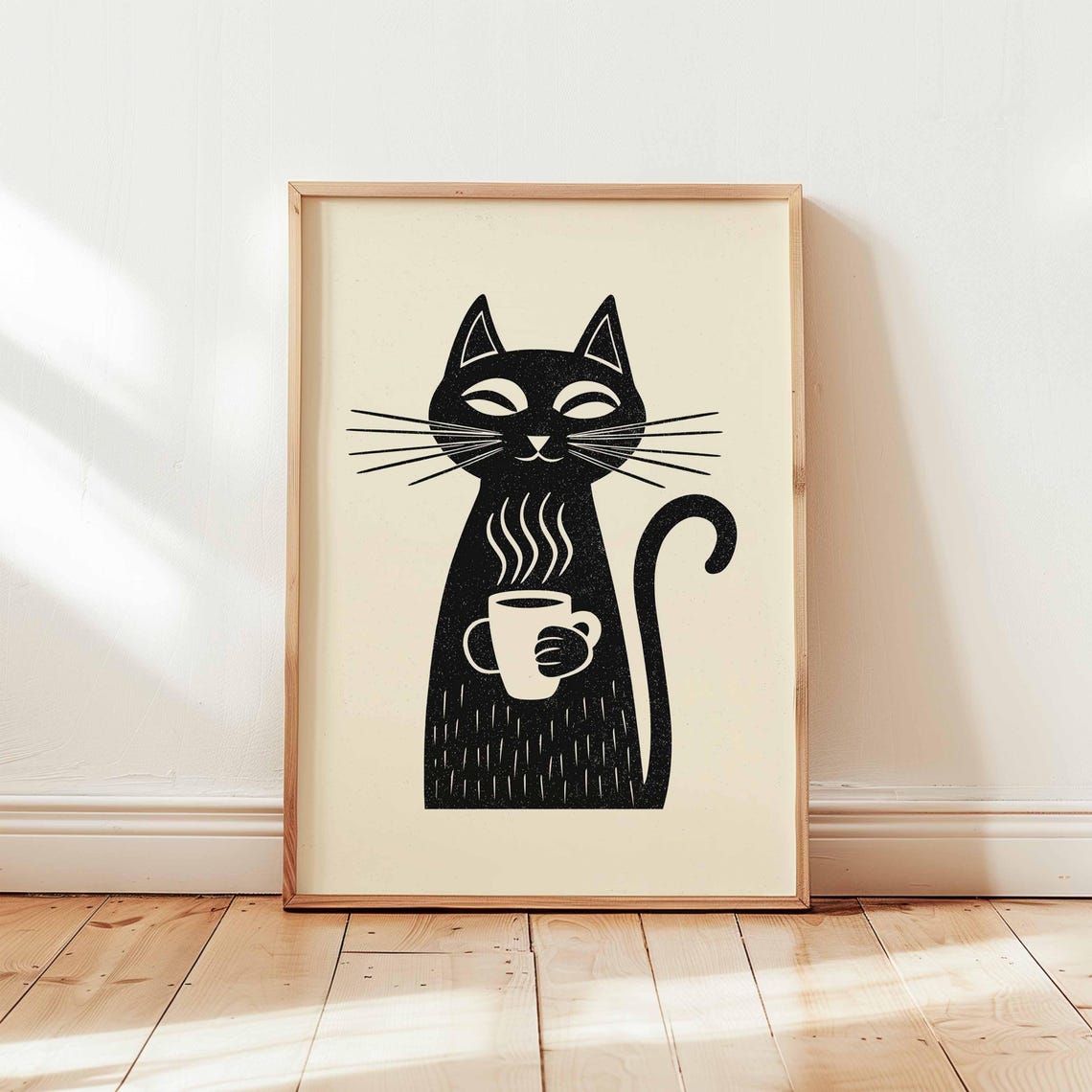 Minimalist Black Cat Coffee Cup Monochrome Line Art Kitchen Poster