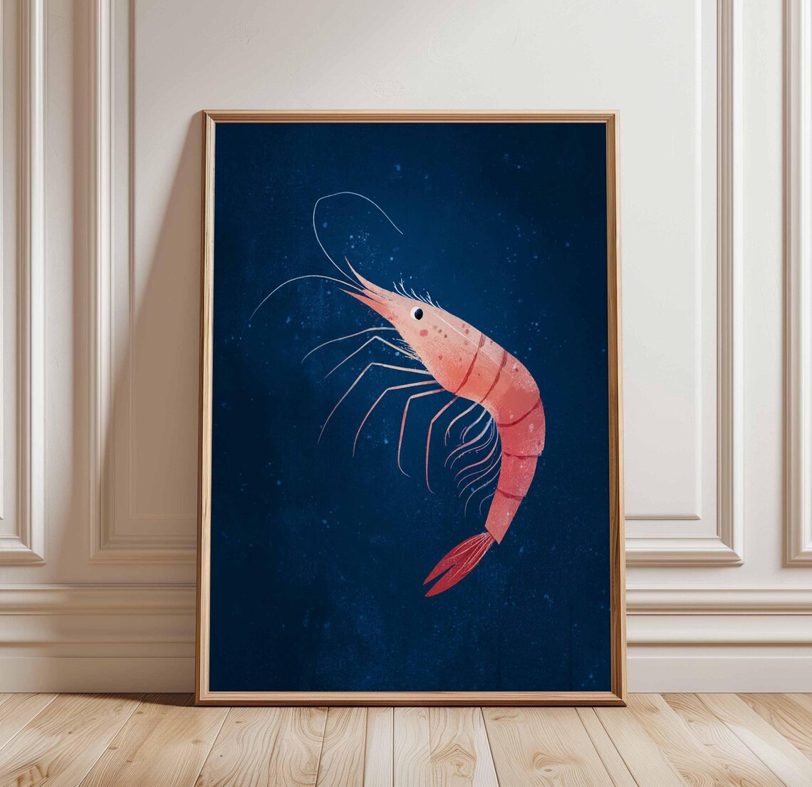 Cute Pink Shrimp Illustration On Navy Blue Seafood Marine Life Art Poster