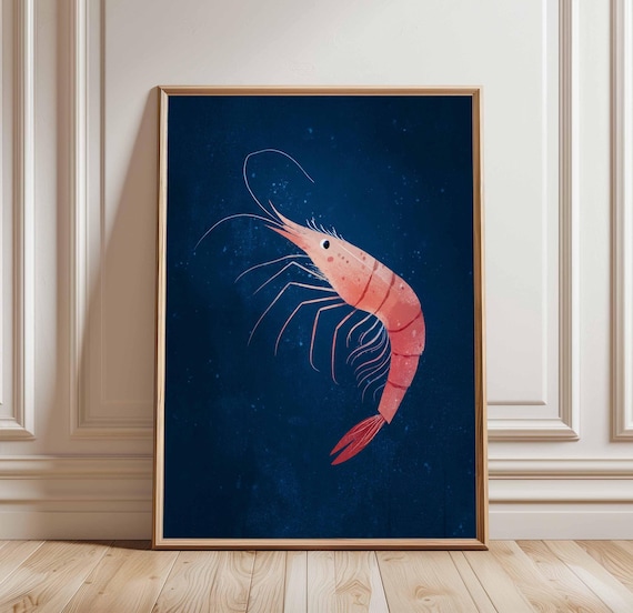 Cute Pink Shrimp Illustration On Navy Blue Seafood Marine Life Art Poster
