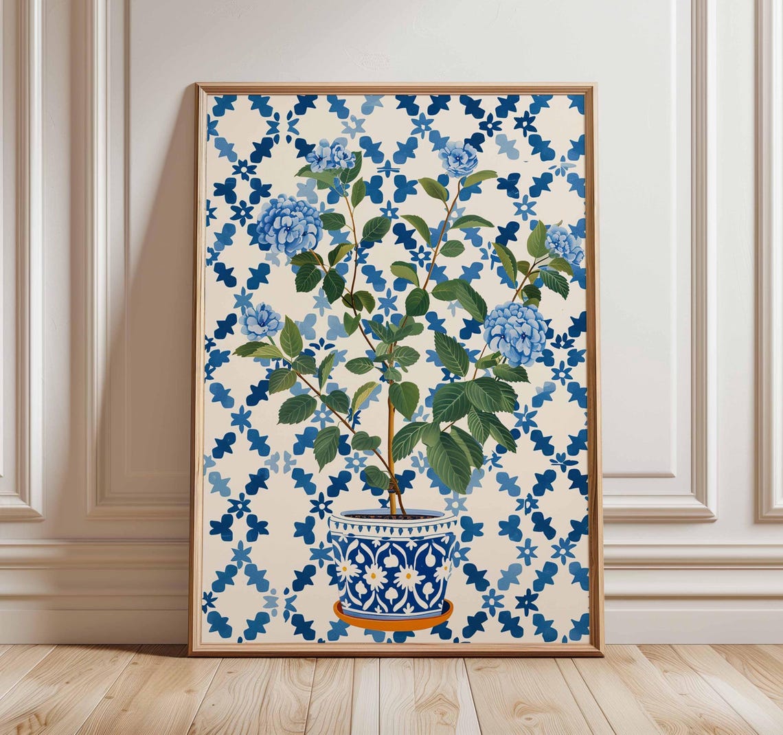 Chinoiserie Floral Wall Art Blue Hydrangea Print Grandmillennial Decor Poster Botanical Vase Illustration Unframed Elegant