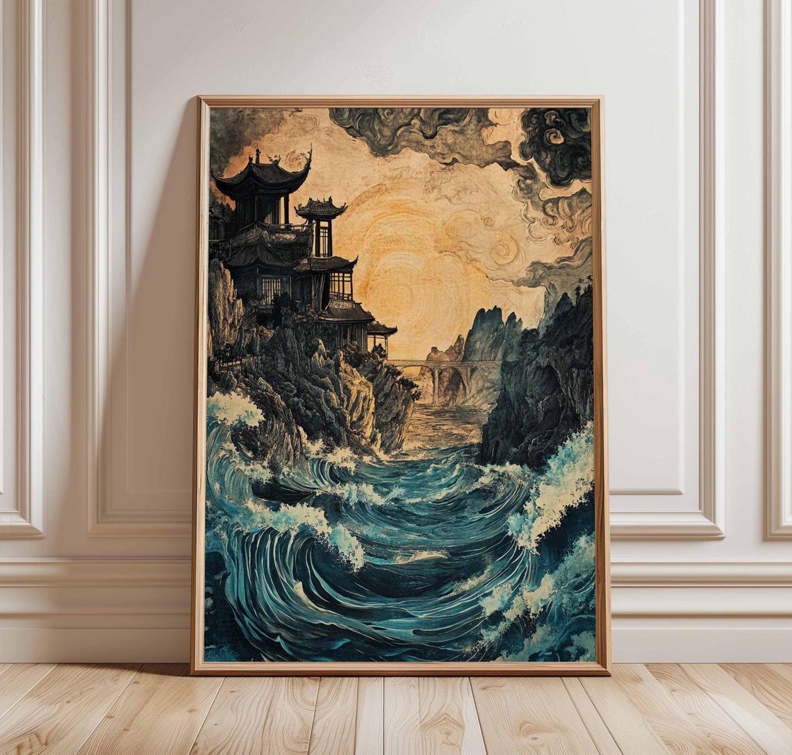 Ancient Chinese Temple Above Dramatic Ocean Waves Sunset Poster