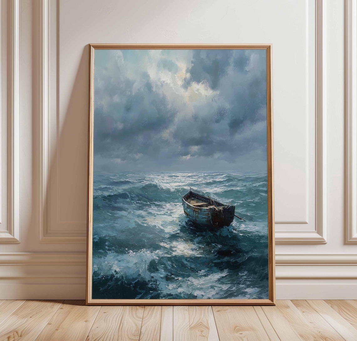 Stormy Sea Boat Poster, Moody Nautical Wall Art Print