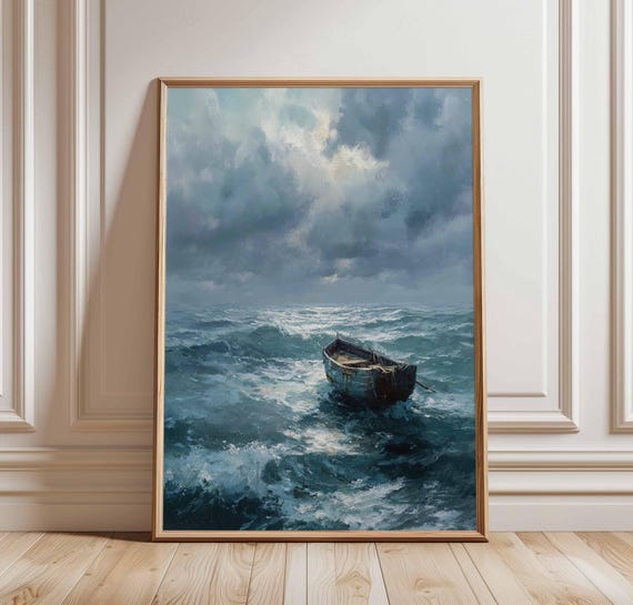 Stormy Sea Boat Poster, Moody Nautical Wall Art Print