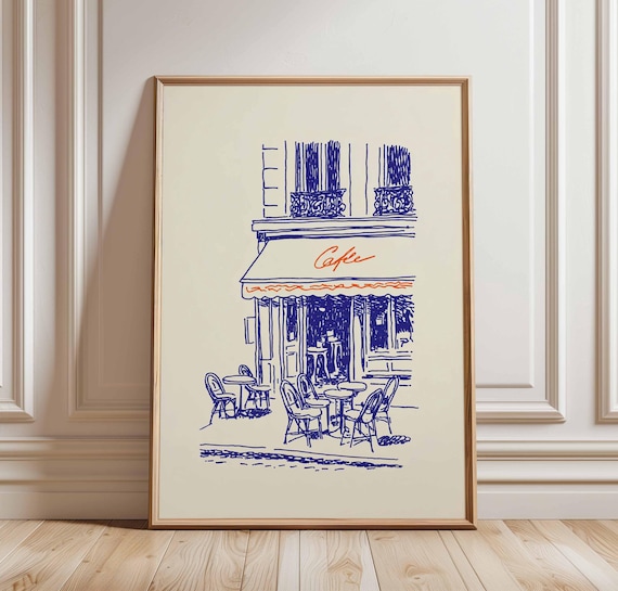 Paris Café Blue Ink Line Art Sketch French Bistro Minimalist Wall Art