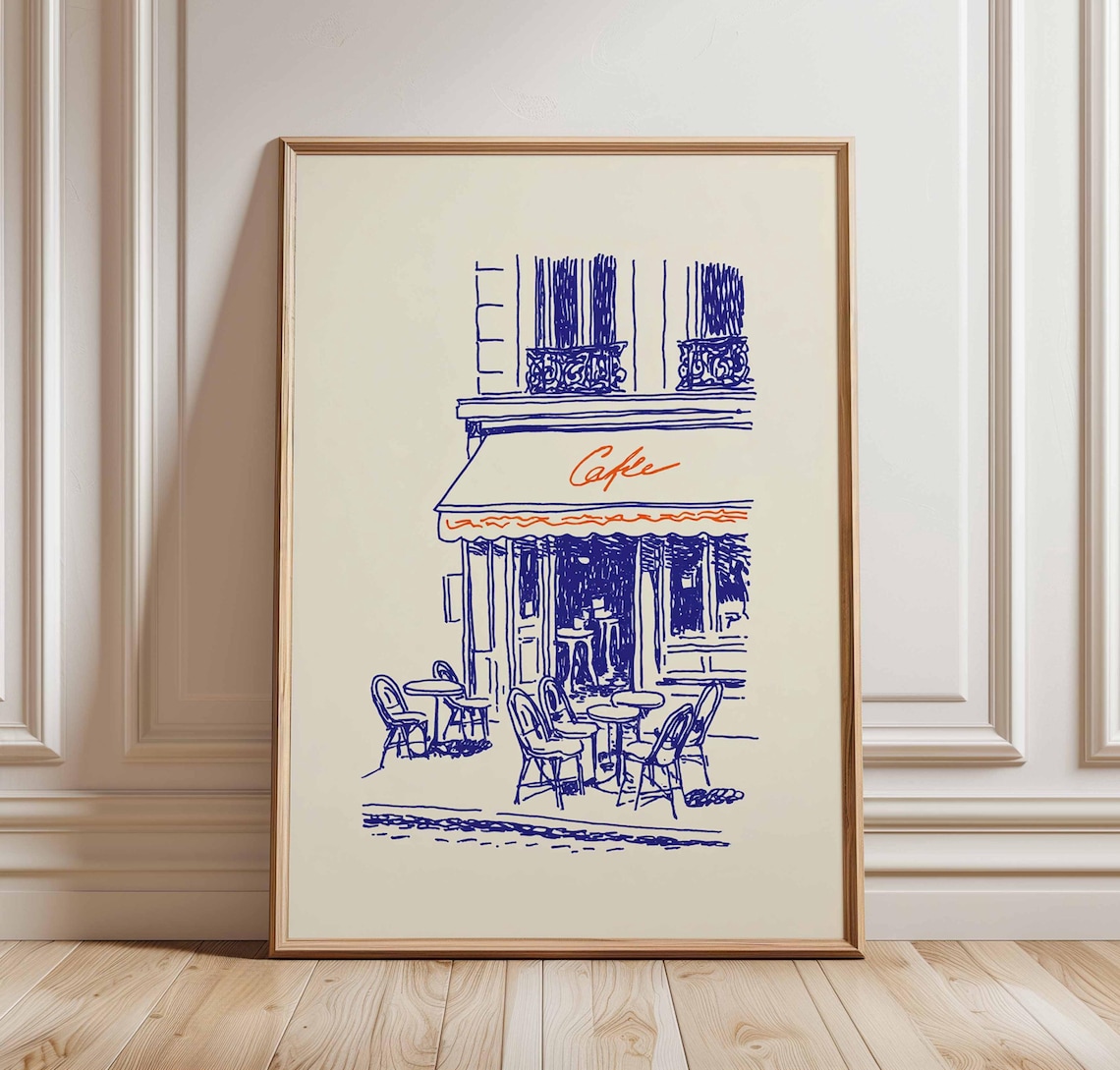 Paris Café Blue Ink Line Art Sketch French Bistro Minimalist Wall Art