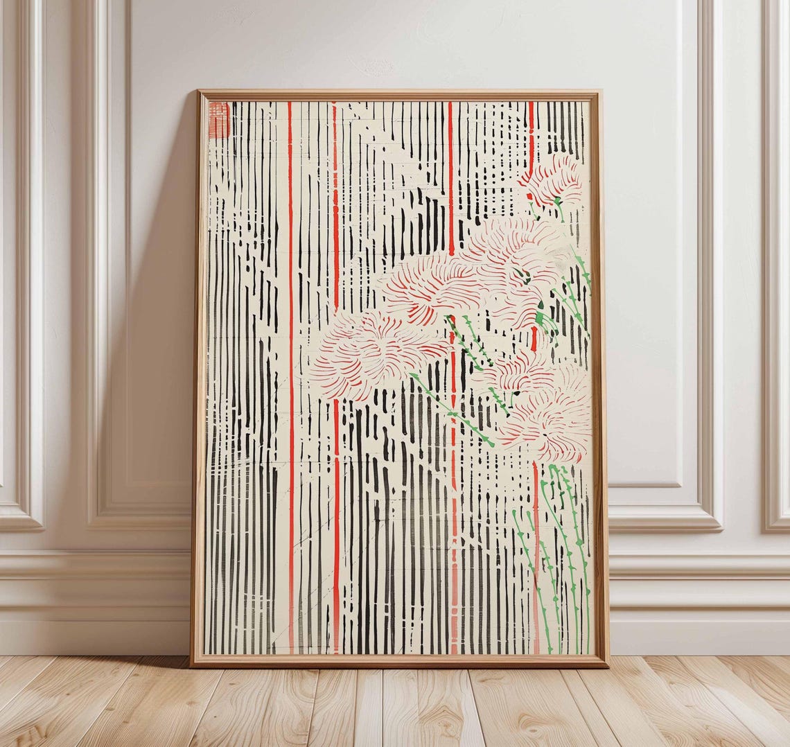 Red Chrysanthemums Over Pinstripes Japanese Minimalist Poster