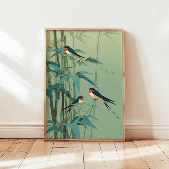 Swallow Birds Bamboo Wall Art Print Japandi Nature Poster Green Zen Botanical Unframed Decor Asian Inspired Minimalist Artwork