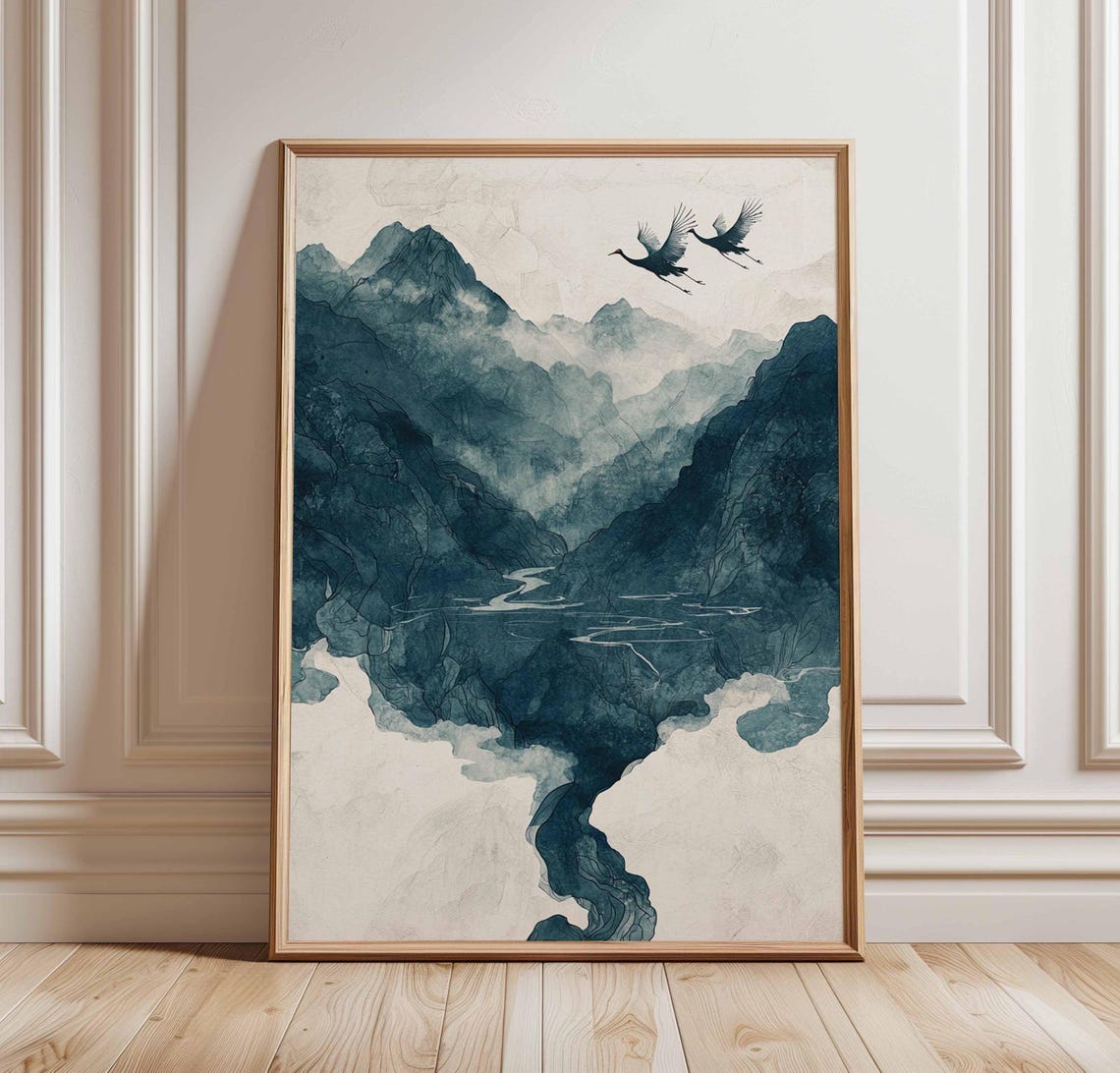 Misty Blue Mountain River Landscape With Flying Birds Art Poster