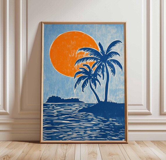 Tropical Sunset Poster Palms And Ocean Print Vintage Beach Art In Blue Orange Abstract Nature Wall Decor