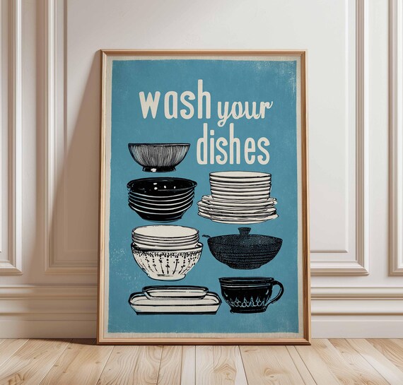 Wash Your Dishes Blue Vintage Kitchen Typography Wall Art Decor
