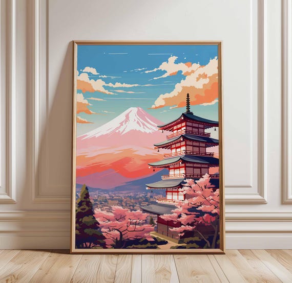 Mount Fuji Poster Japanese Temple Art Cherry Blossom Print Tokyo Asian Decor Japan Wal Spring Wall