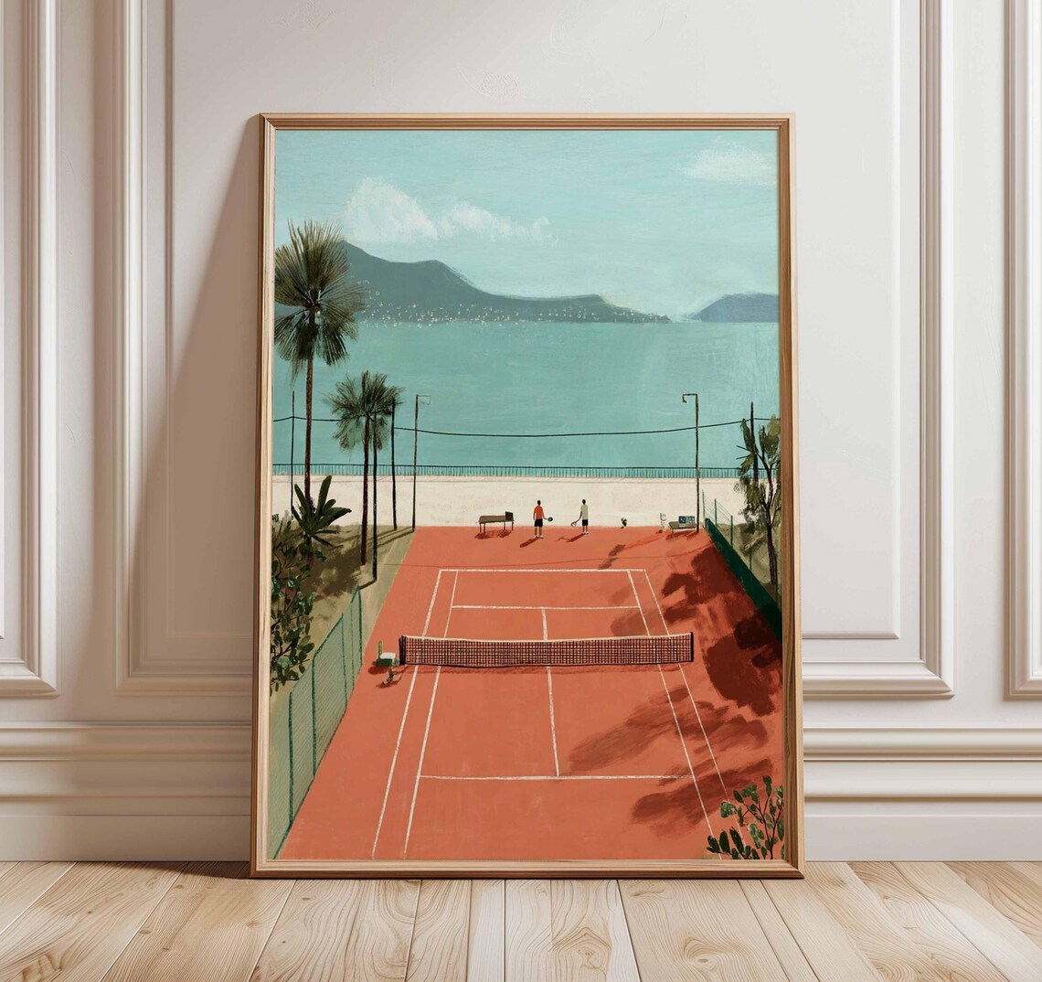 Coastal Tennis Court Poster, Mediterranean Beach Travel Poster
