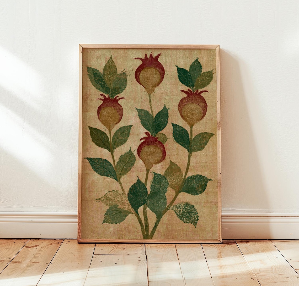 Pomegranate Botanical Vintage Folk Art Poster