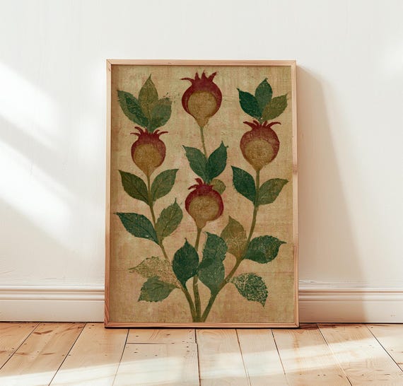 Pomegranate Botanical Vintage Folk Art Poster
