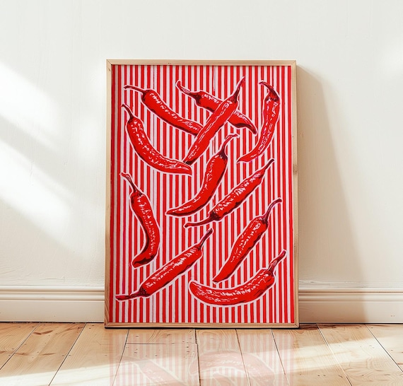 Bold Red Chili Peppers on Striped Background Vibrant Kitchen Wall Art