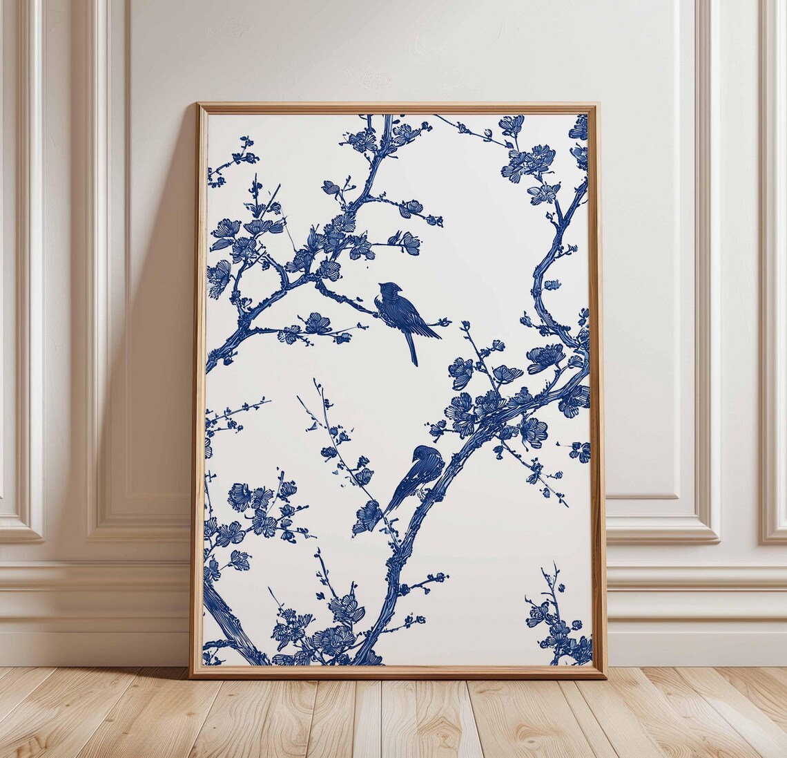 Blue Ink Sparrows On Blossoming Branches Japanese Minimalist Poster