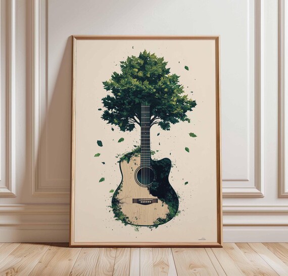 Acoustic Guitar Sprouting Leafy Tree Canopy Nature Music Art Poster