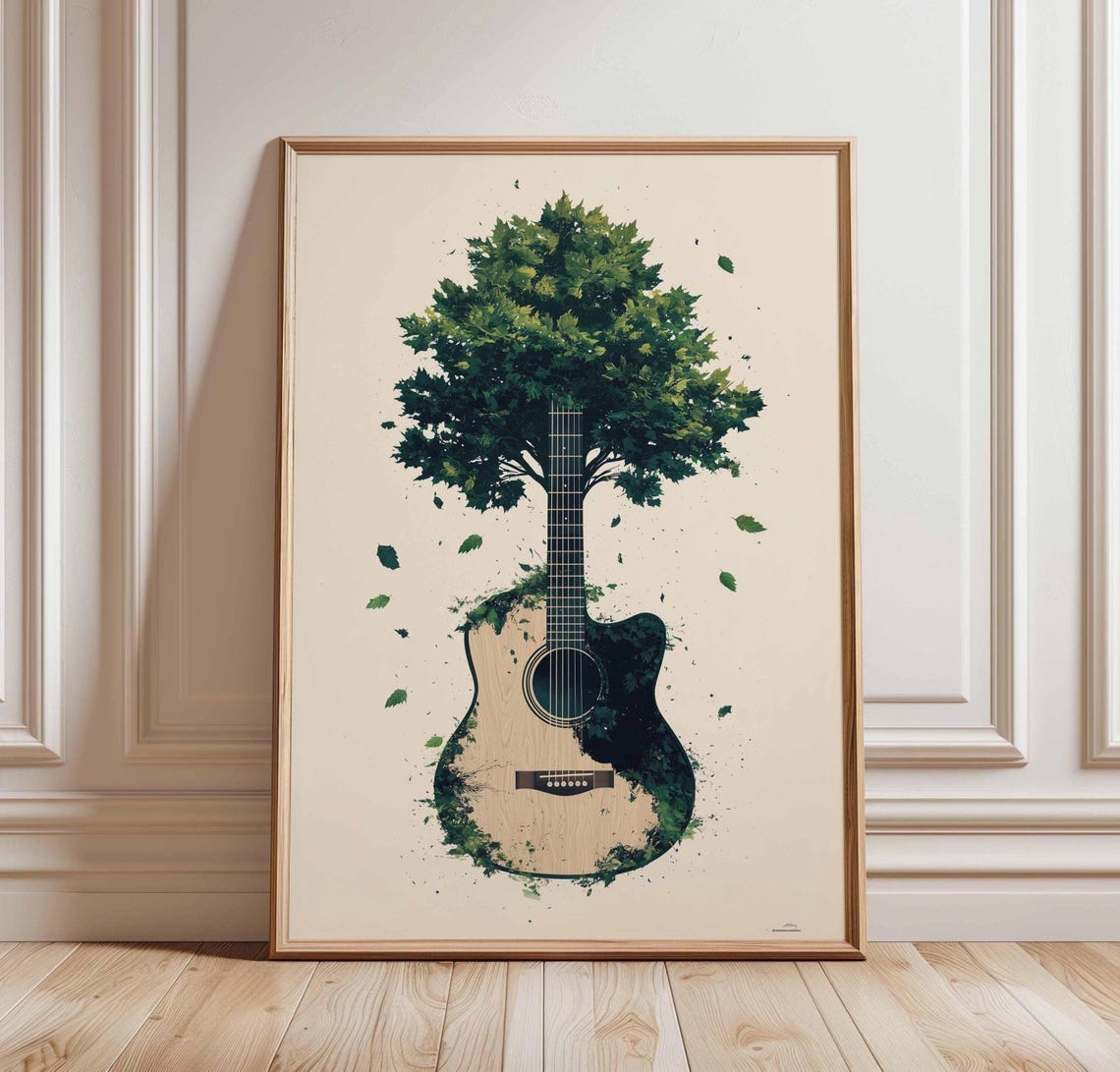 Acoustic Guitar Sprouting Leafy Tree Canopy Nature Music Art Poster