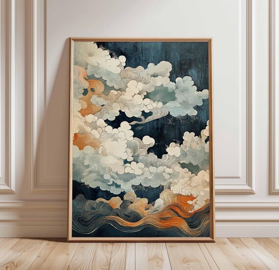 Japanese Wave Clouds Abstract Nature Teal Watercolor Wall Art Decor