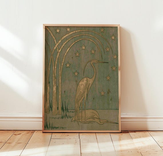 Sage Heron Print Gold Botanical Wall Art Woodblock Poster